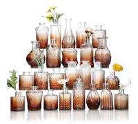 Glass Bud Vase Set of 25, Mini Amber Bud Vase for Centerpieces in Bulk, Small Vintage Flower Vases for Weddings Parties Home Table Decorative