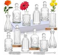 Glass Bud Vases in Bulk Set of 12 with Stoppers Small Mini Vases for Flowers,Embossed Clear Flower Vase,Vintage Glass Bottle Great for Table Decor,Wedding Centerpiece Table Gift Set