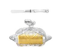 Glass Butter Dish, Butter Keeper Butter Holder with Stainless Steel Butter Knife Butter Container with Crystal Covered Lid for Cream Cheese Cake Salad Candy Foods