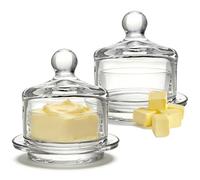 Glass Butter Dish with lid, 2 Pack Small Butter Dish, Clear Serving Storage Container, Round Butters dishs, for Butter, Jam, Parfait, Dessert,Sugar,Small Cake
