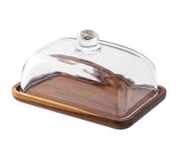 Glass Butter Dish with Lid, 7.1x4.7x3.7 Wooden Base & Clear Cover, Cheese Keeper for Kitchen Countertop Fridge, Glass Butter Dish with Cover