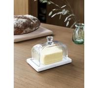 Glass Butter Dish with White Marble Base, Clear Glass Margerine Container, Marble Butter Dish, Vintage Retro American Ribbed Lid, Kitchen Accessory, House Warming Present, Kitchen Foodies Gift