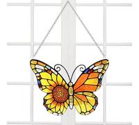 Glass Butterfly Ornament Stained Glass Colorful Charm | Sunflower Print Animal Tree Ornaments for Indoor Tree Door Wall Living Room Bedroom Porch Garden