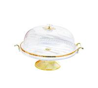 Glass Cake Stand with Dome Cover, Clear with Gold Trim, Pedestal Serving Plate, 31.5x21.5x11.5 cm (Transparent color)