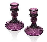 Glass Candle Holder, 2PCS Taper Candlestick Holders Decorative Candle Stand for Formal Events Wedding Party Table Centerpieces Home Decoration, Dark Purple
