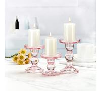 Glass Candle Holder Set, Glass Candle Sticks Holders Candleholders for Pillar Candle orTaper Candle, for Wedding Centerpieces Home Decorations Dining Tabl(Pink