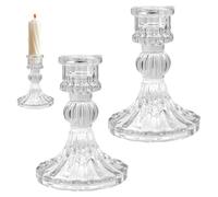 Glass Candlestick Holders Set of 2, Clear Taper Candle Holders, 0.82 Inch | Faceted rim, ribbed stem and wide glass base for wedding tables, candlelight dinners, mantelpieces and sideboards