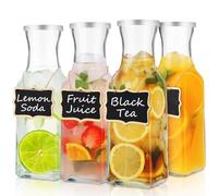 Glass Carafe with Lid, 4Pcs Square Glass Carafe Juice Containers 1 Liter Clear Glass Pitcher Drink Dispensers for Beverage Cold Water Juice Milk Iced Tea Wine Dishwasher Safe