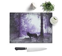 Glass Chopping Board - Black Wolf in a Purple Forest in Abstract - Textured Worktop Saver Cutting Board - Heat Resistant, Shatterproof and Hygenic - 39 x 28.5 cm