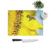 Glass Chopping Board, Busy Bee & Yellow Flower Painting, 28.5x20 cm