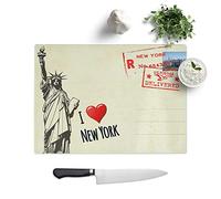 Glass Chopping Board, I Love New York City Postcard, 28.5x20 cm | Textured Glass Worktop Saver with Non-slip Feet, Hygienic Cutting and Serving Board for Protecting Kitchen Surfaces