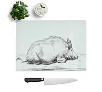Glass Chopping Board, Sketch of a Pig by Jean Bernard, 28.5x20 cm | Textured Glass Worktop Saver with Non-slip Feet, Hygienic Cutting and Serving Board for Protecting Kitchen Surfaces
