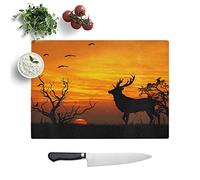 Glass Chopping Board, Sunset Stag and Birds Landscape, 39x28.5 cm
