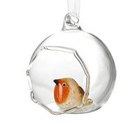 Glass Christmas Bauble with Decorative Robin, Clear Globe Ornament, 6 x 7 cm