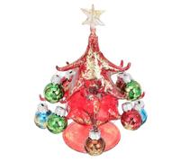 Glass Christmas Tree Figurine Ornament with Base, Red Tabletop Decor | Audible Bell Chime, Smooth Lines Glass Finish, for Miniature Village Scenes, Mantel Display, Office Desks