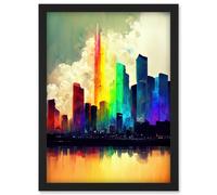 Glass City Of Rainbow Reflections Cityscape Artwork Framed Wall Art Print A4 Artery8 Black One Size