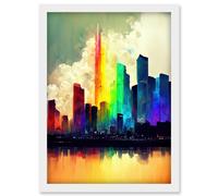 Glass City Of Rainbow Reflections Cityscape Artwork Framed Wall Art Print A4 Artery8 White One Size