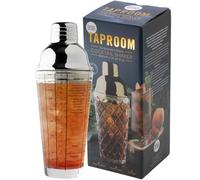 Glass Cocktail Shaker Tool - 400ml (14fl oz). Built-in Ice Strainer, Silicone Seal & Measure Cap. Modern Criss-Cross Debossed Design, Stainless Steel Gold Coloured Lid. for Beginners & Professionals