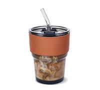 Glass Coffee Cup with Lid, Straw and Protective Sleeve, Clear Borosilicate Travel Mug for Hot and Cold Drinks, Iced Coffee Cup for Espresso, Latte, Cappuccino, Tea - 350ml (Black Cup, Brown Sleeve)