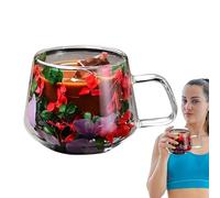 Glass Coffee Mugs - Double Masonry Insulated Mug, Stylish Round Glass | Heatproof Transparent Cup, Glass, Flower Fusion Pattern, Anti-Scene Handle for Hot Coffee, Tea, E