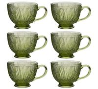 Glass Coffee Mugs Embossed Footed Teacups Leaf Embossed Glasses 400ml (6) | Kitchen Gift, Tea Mug, Coffee Cup, Green, Dishwasher Safe, Hot Chocolate, Mulled Wine, Handles