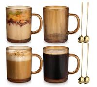 Glass Coffee Mugs Set of 4, 350ml Classic Stripe Latte Glasses with Handle, Borosilicate Temperature Resistant Glass Coffee Cup for Cappuccino, Macchiato, Tea, Milk, Juice, Cold & Hot Beverages - Gold