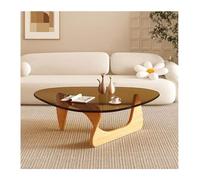 Glass Coffee Table, Mid Century Oval Design with Oak Legs and Tempered Glass Top, Triangle Abstract Round Tea Table for Living Room and Home Office