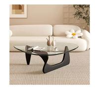 Glass Coffee Table, Mid Century Oval Design with Oak Legs and Tempered Glass Top, Triangle Abstract Round Tea Table for Living Room and Home Office