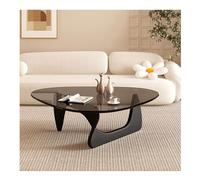 Glass Coffee Table, Mid Century Oval Design with Oak Legs and Tempered Glass Top, Triangle Abstract Round Tea Table for Living Room and Home Office