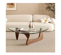 Glass Coffee Table, Mid Century Oval Design with Oak Legs and Tempered Glass Top, Triangle Abstract Round Tea Table for Living Room and Home Office