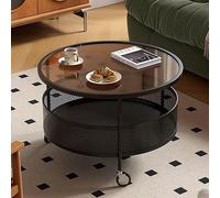 Glass Coffee Table with Caster Wheels, 2 Tier Round Tea Table with Iron Hollow Storage Basket, Modern Sofa Center Table for Home Office, Décor Accent Cocktail Table Mesa de Centro para Sala ( Color :