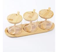 Glass Condiment Pots Seasoning Box Containers Sugar Bowls Spice Jar Set with Wooden Spoon Lid and Base for Condiment, Salt, Sugar, Herb