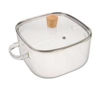 Glass Cooking Pot with Lid, 4l Square Double Handle | Stovetop Use, Design, Compact Kitchen Fit, Wooden Grip, 27.50x20.00x17.60cm