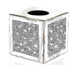 Glass Crushed Diamond Cube Square Tissue Box Holder, Mirrored, Silver Crystal, Multicolour, For Bathroom, Dressing Table Square Tissue Box - 15cm