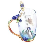 Glass Cup Handmade Enamel Flower Tea Mug with Spoon for Home Office, Glassware Set (Blue Rose 350ML)