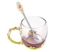 Glass Cup Handmade Enamel Flower Tea Mug with Spoon for Home Office, Glassware Set (Green Chrysanthemum 320ML)