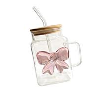 Glass cup with wooden lid and bow tie | Clear Drinkware Tumbler Mug Birthday Gift for Home Office Coffee Tea
