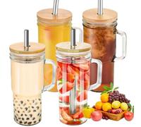 Glass Cups 4Pcs Glass Tumbler with Handle Reusable Wide Mouth Drinking Glasses Bottle Iced Coffee Cup Bubble Tea Mug with Lid & Stainless Steel Straws & Brushes, for Smoothie Cocktail Whiskey Milk (4)