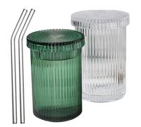 Glass Cups Ribbed Glasses with Lids and Straws 2PCS Vintage Fluted Glasses Set 400ml Clear Striped Drinking Glasses Tumbler Cups for Water Coffee Juice Cocktail