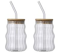 Glass Cups, Ribbed Glassware Drinking Glasses with Straws and Lids Wavy Fluted Glassware 500ML Coffee Cups Tumbler for juices Beverage 2Pcs