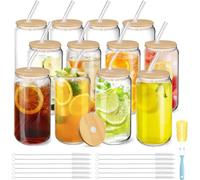 Glass Cups with Lids and Straws 12 Pcs 16 oz Iced Coffee Cups Set, Reusable Beer Can Shaped Glass Tumbler, Drinking Glasses for Smoothies, Tea Water Matcha Cup, Juice, Soda, Cocktail, Ideal Home Bar