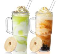 Glass Cups with Lids and Straws - 2 Packs - 24 Oz Glass Tumbler with Handle, Glass Jar with Lid and Straw - Wide Mouth, Reusable Ice Coffee Cups