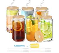Glass Cups with Lids and Straws 6 Pcs 16 oz Iced Coffee Cups Set, Reusable Beer Can Shaped Glass Tumbler, Drinking Glasses for Smoothies, Tea Water Matcha Cup, Juice, Soda, Cocktail, Ideal Home Bar