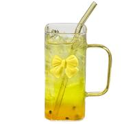 Glass Cups with Lids and Straws Bow, 400ml Square Cup with Straw Lid Handle, Bow Design Glass Mug, Elegant Gift for Friend, Versatile Drinking Cups for Milk, Coffee, Cold or Hot Drinks (1pc-YE)