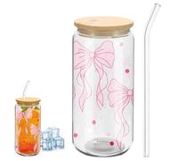 Glass Cups with Lids and Straws, Bow Iced Coffee Cup 16oz, Pink Glass Cups with Lids, Cute Clear Tumbler Aesthetic Cup for Coffee, Vintage Bows Coquette Gifts for Women Girls Friends