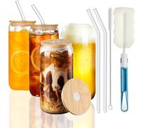 Glass Cups with Lids and Straws Iced Coffee Cup, 16oz Glass Tumbler with Straw and Lid & Brush Can Shaped Beer Glasses Cups Clear Drinking Glass Cups for Cocktail Beer Coke Soda Water Wine- 4PC