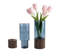 Glass Cylinder Vase with Wooden Base, Ideal for Dried Pampas Grass, Bohemian Rustic Home Decor, Wedding Centerpiece Glass Flower Vase, Grey Clear