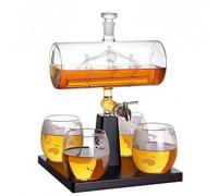 Glass Decanter Set with Internal Ship Carving, 24.5cm Height and 9cm Diameter, Wooden Base with Tap and 4 Map-Printed Glasses for Home Bar