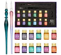 Glass Dip Pen Set 16pcs Crystal Ink Pen Set with 2 Glass Pens, 12 x 7ml Colorful Inks, Pen Holder and Cleansing Cup, Glass Dip Pen and Ink Set for Art, Writing, Drawing, Signatures, Calligraphy, Gift