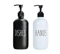Glass Dish and Hand Soap Dispenser Set 500ml Large Pump Bottles Refillable Liquid Dispensers for Bathroom Kitchen Cute Modern Farmhouse Style Home Decor (Black Dishes+White Hands)